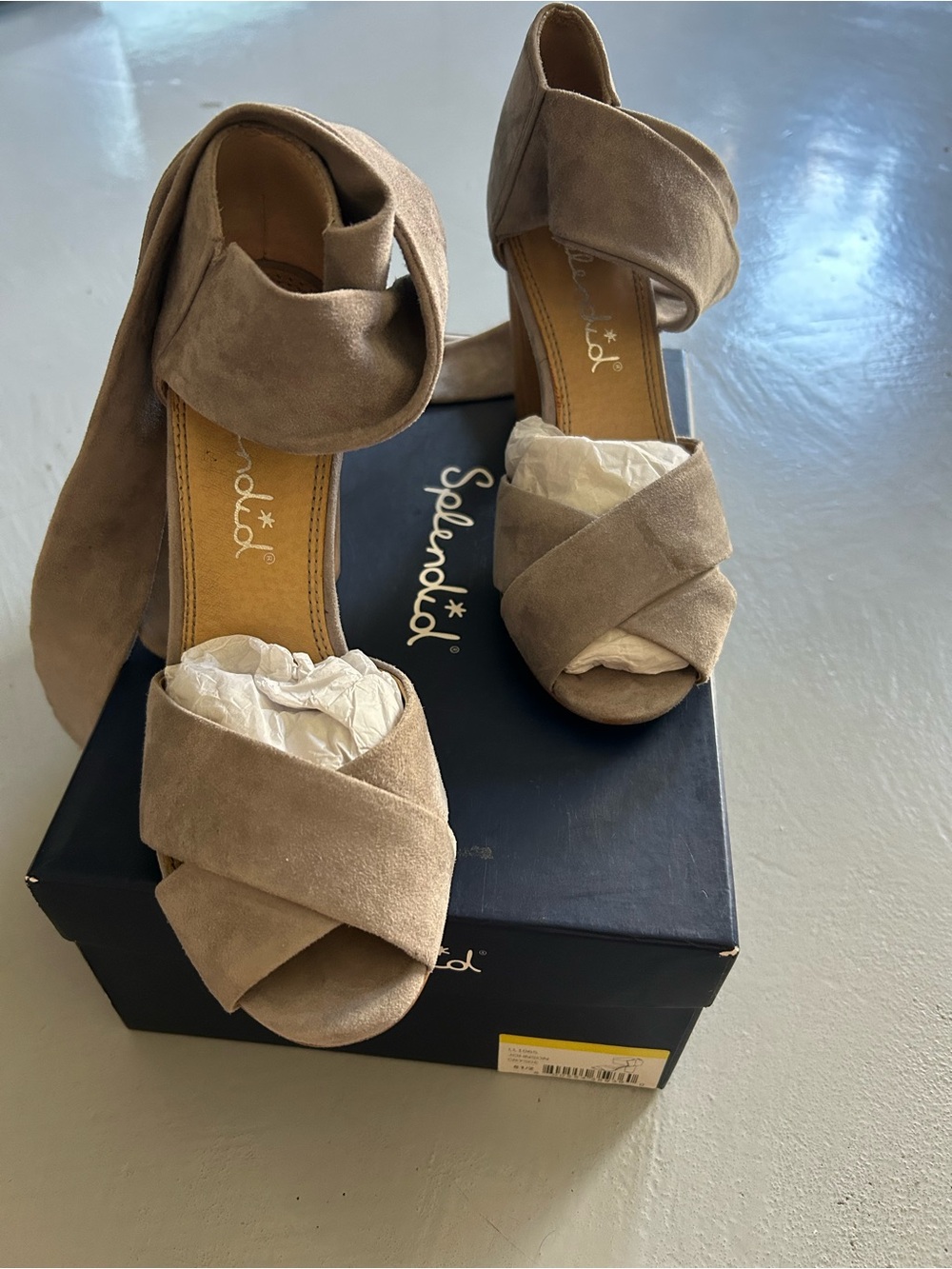 Splendid Taupe Crisscross Suede Ankle Strap Heels